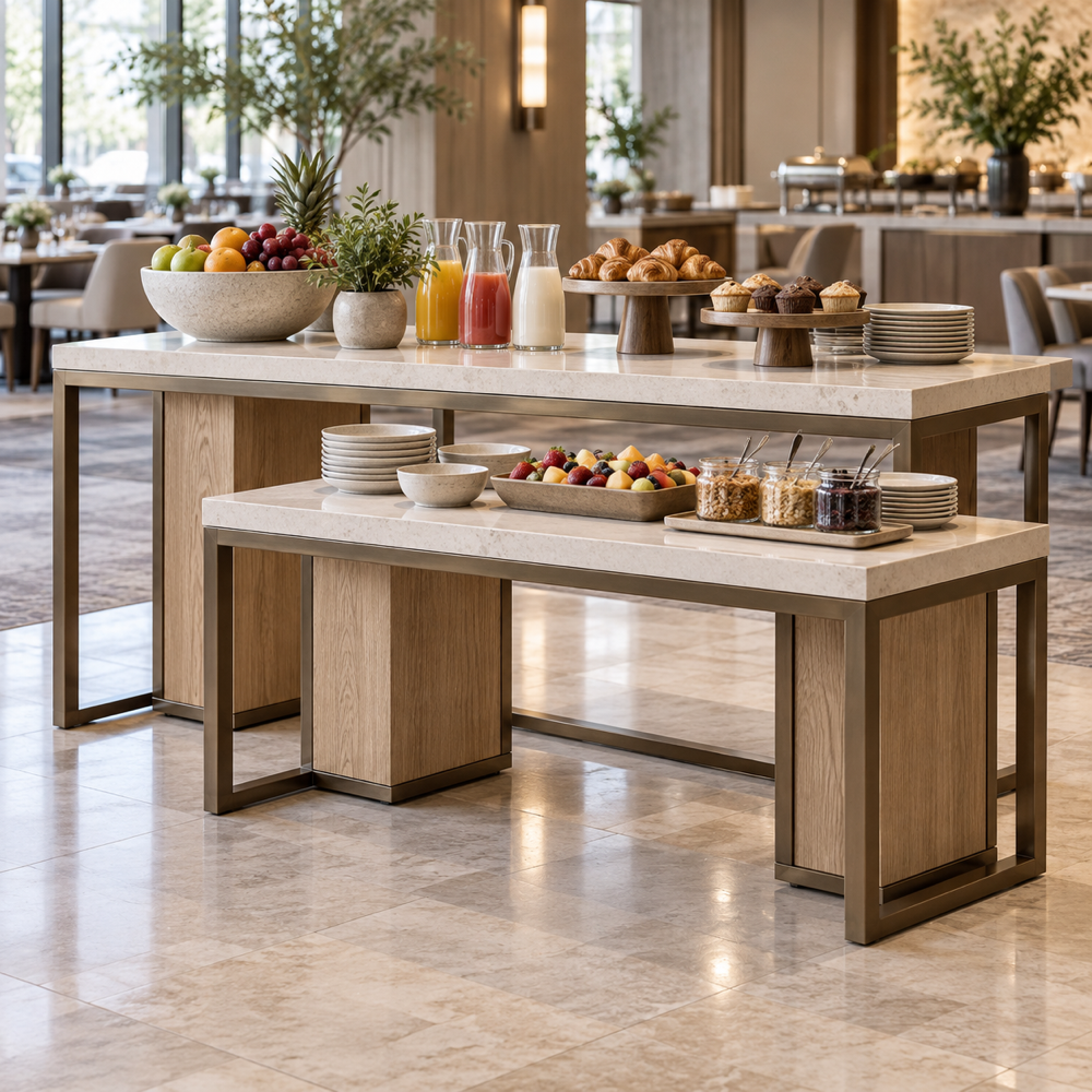 Concepto ilustrativo generado por IA, no es fotografía del producto del fabricante. Conjunto genérico de mesas de buffet sin mantel en dos alturas para un hotel premium.