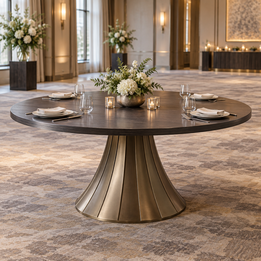 Illustrative AI concept, not manufacturer product photography. Generic round linenless banquet table with dark wood top and sculptural bronze pedestal.