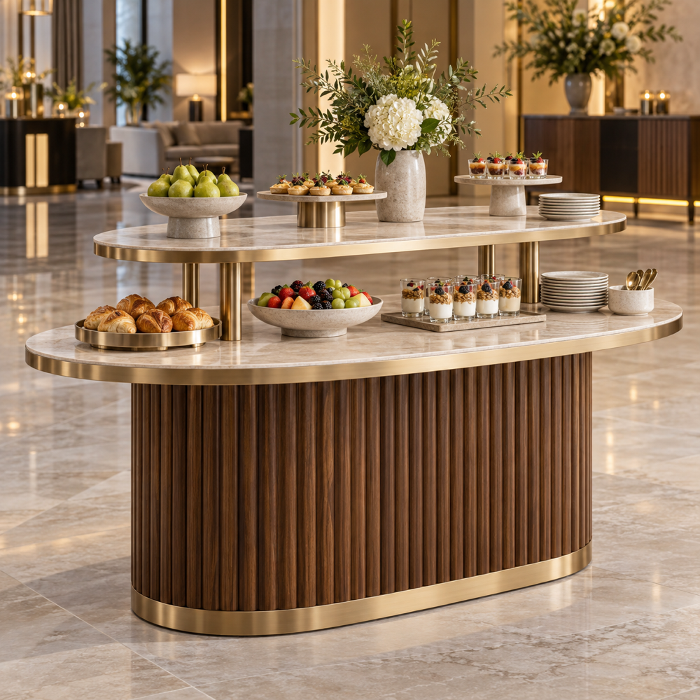 Illustrative AI concept, not manufacturer product photography. Generic two-tier commercial buffet display table with stone surfaces and fluted walnut base.