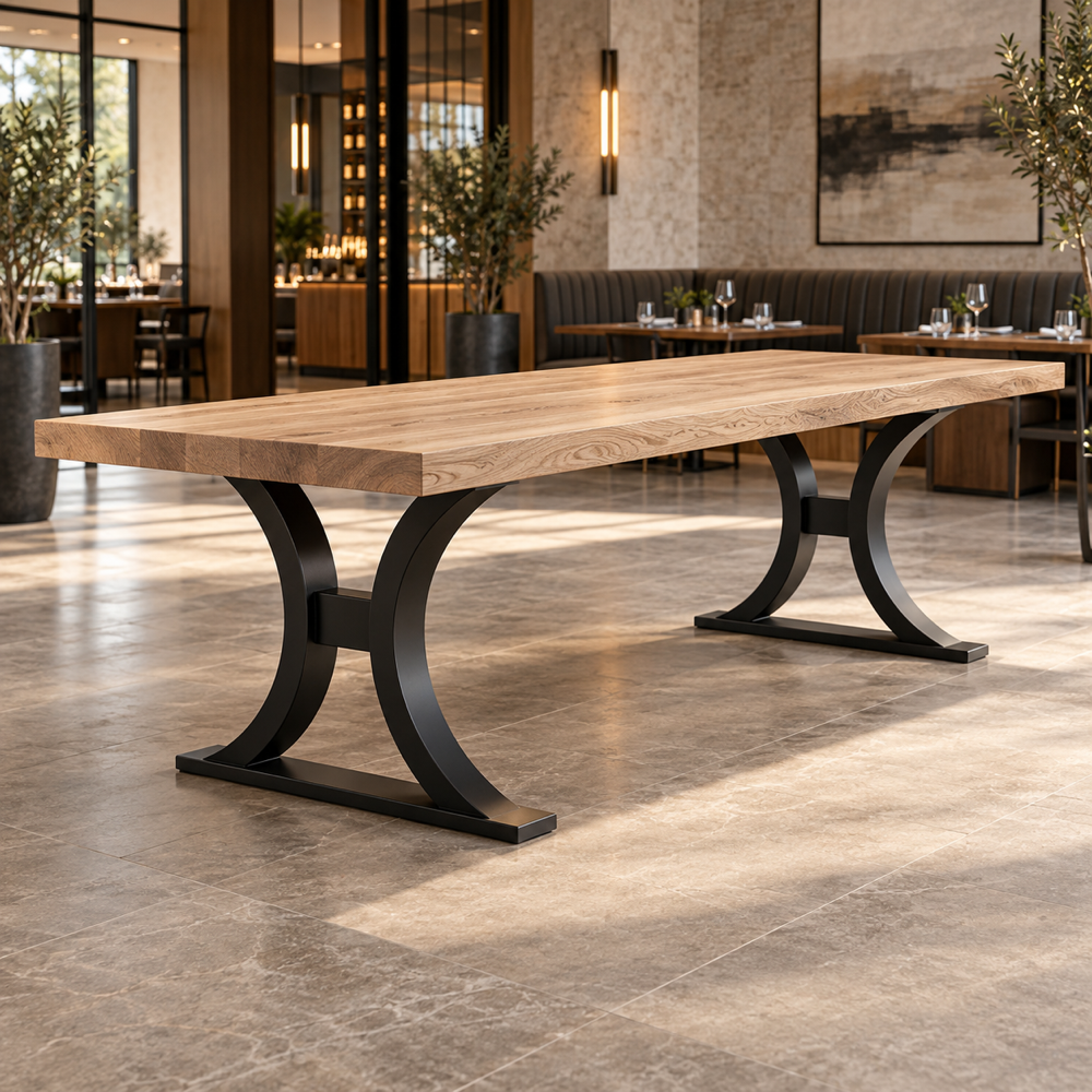 Illustrative AI concept, not manufacturer product photography. Generic premium communal table with thick ash top and curved black steel supports.