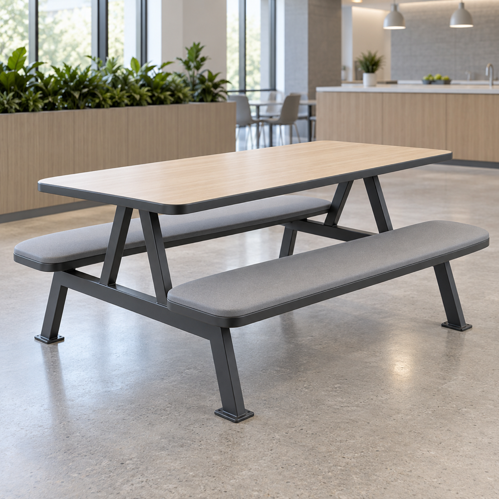 Illustrative AI concept, not manufacturer product photography. Unbranded commercial cafeteria bench table in a modern dining space.