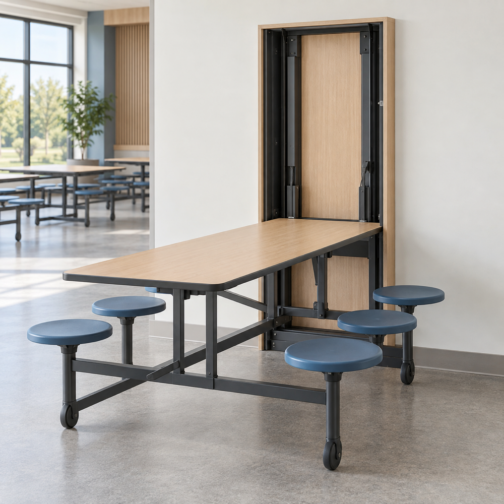 Illustrative AI concept, not manufacturer product photography. Unbranded wall-pocket folding cafeteria table system in a multipurpose room.