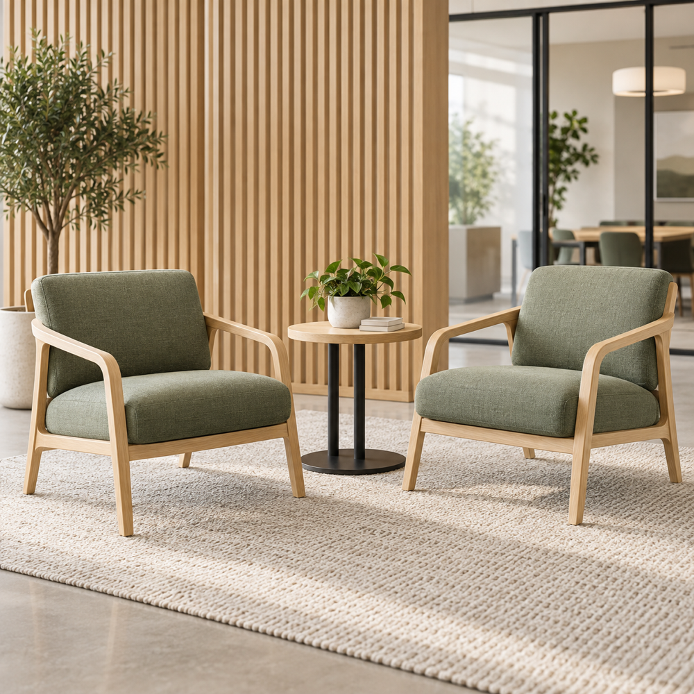 Concepto ilustrativo generado con IA, no es fotografía del producto del fabricante. Sillones comerciales sin marca con estructura de madera y mesa auxiliar.