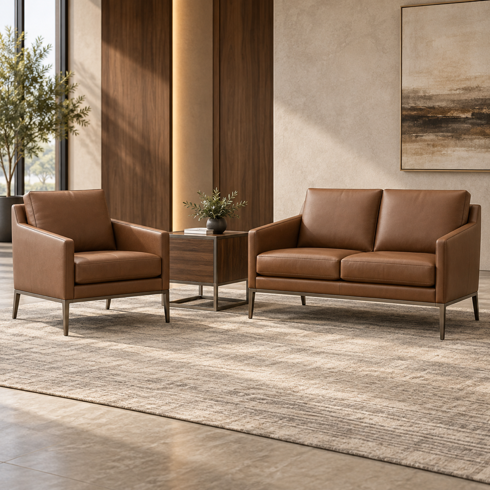 Concepto ilustrativo generado con IA, no es fotografía del producto del fabricante. Conjunto ejecutivo de lounge sin marca, con sofá, sillón y mesa auxiliar.