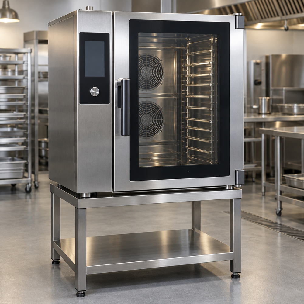 Illustrative AI concept, not manufacturer product photography. Unbranded medium-capacity professional combi oven in a commercial kitchen.