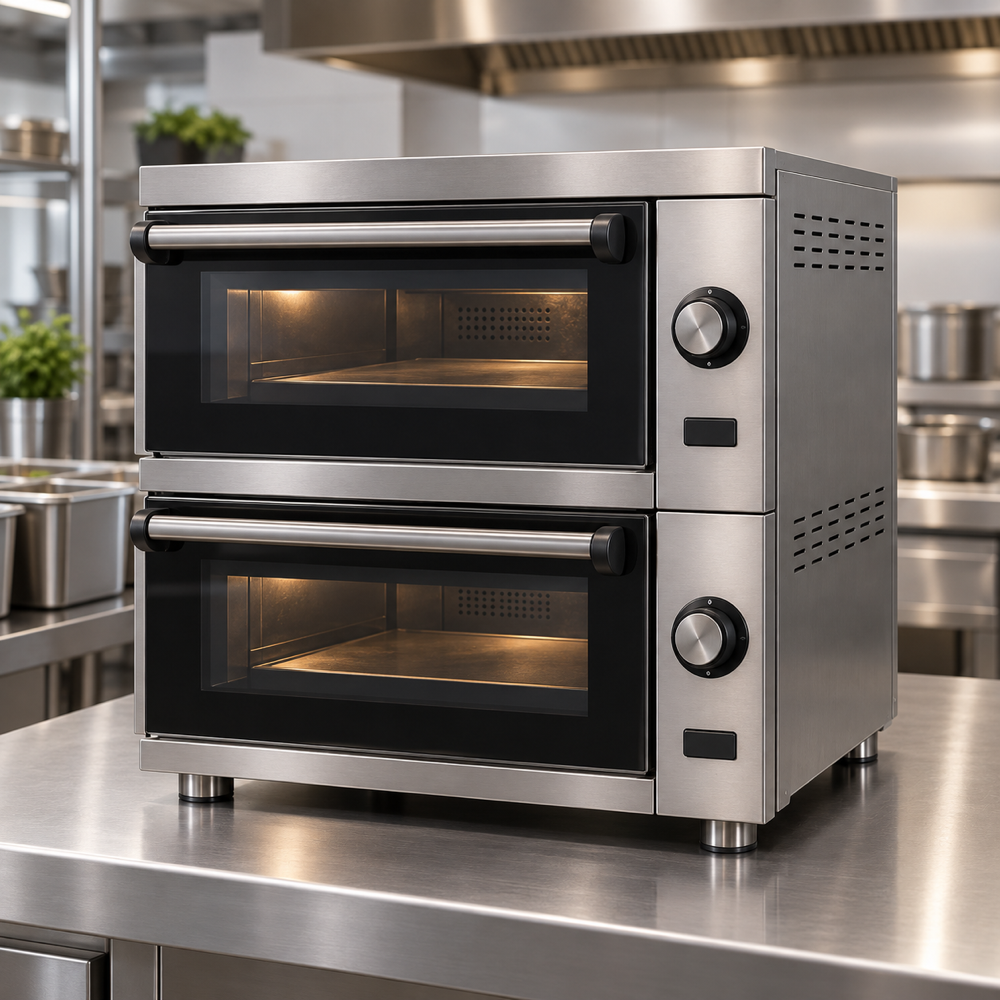 Illustrative AI concept, not manufacturer product photography. Unbranded compact two-cavity ventless multi-cook oven.