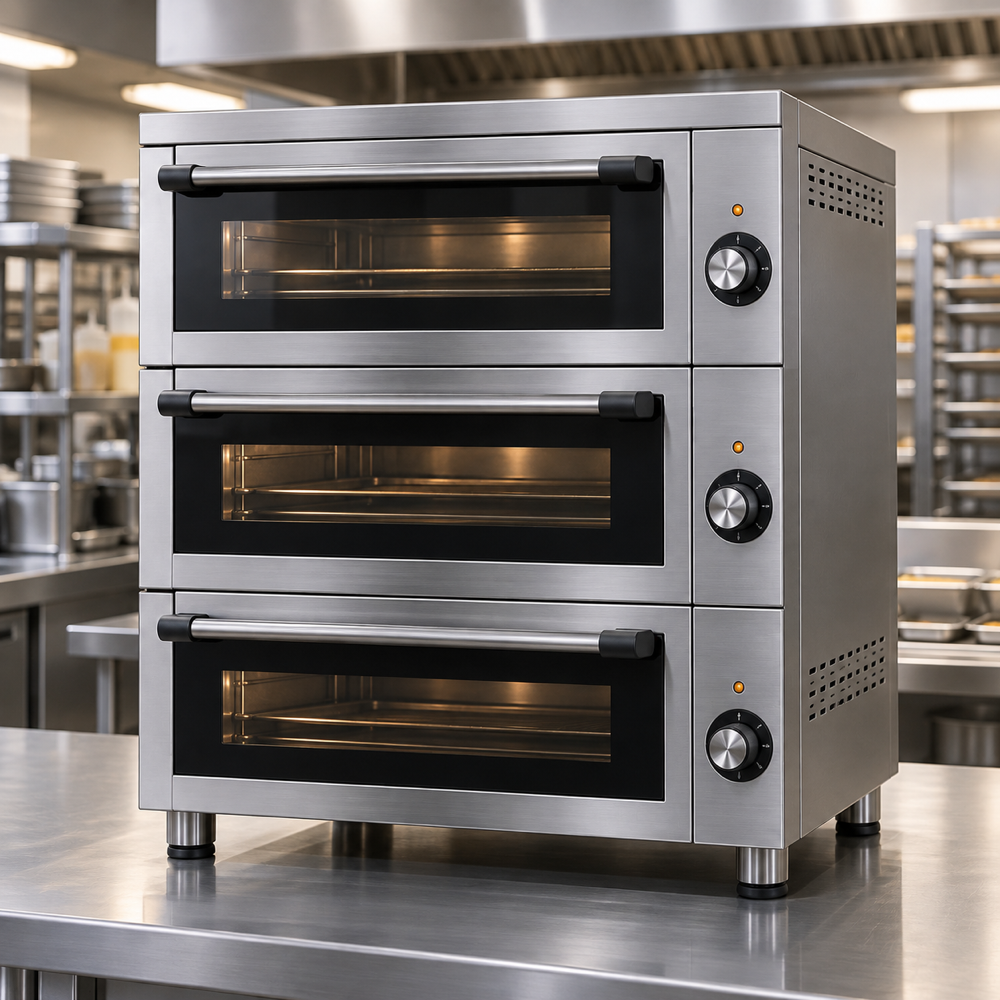 Illustrative AI concept, not manufacturer product photography. Unbranded compact three-cavity ventless multi-cook oven.