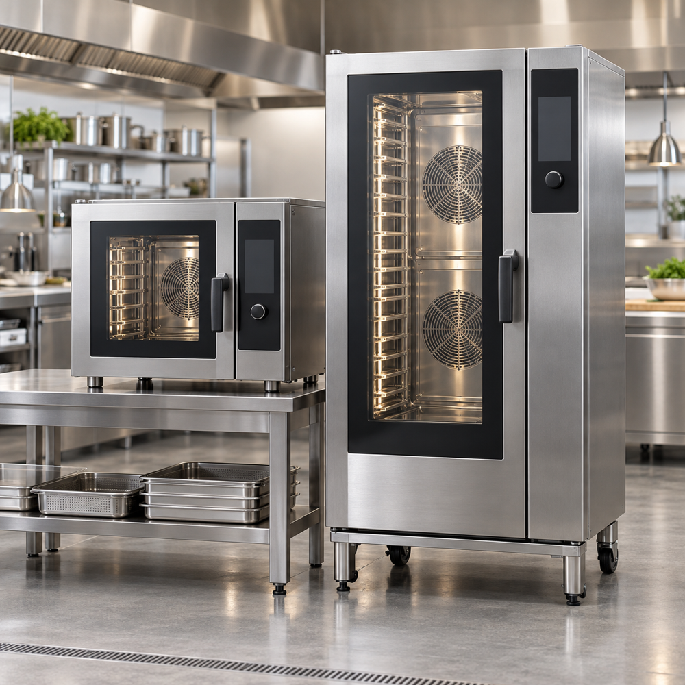 Illustrative AI concept, not manufacturer product photography. Unbranded professional combi-oven family with compact and floor units.