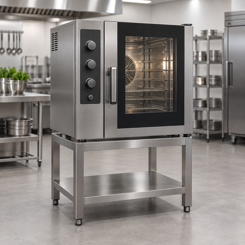 Illustrative AI concept, not manufacturer product photography. Unbranded classic mid-size professional combi oven on a stand.