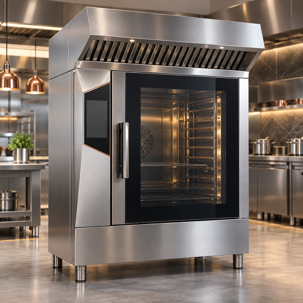Illustrative AI concept, not manufacturer product photography. Unbranded next-generation commercial cooking system with integrated ventilation.