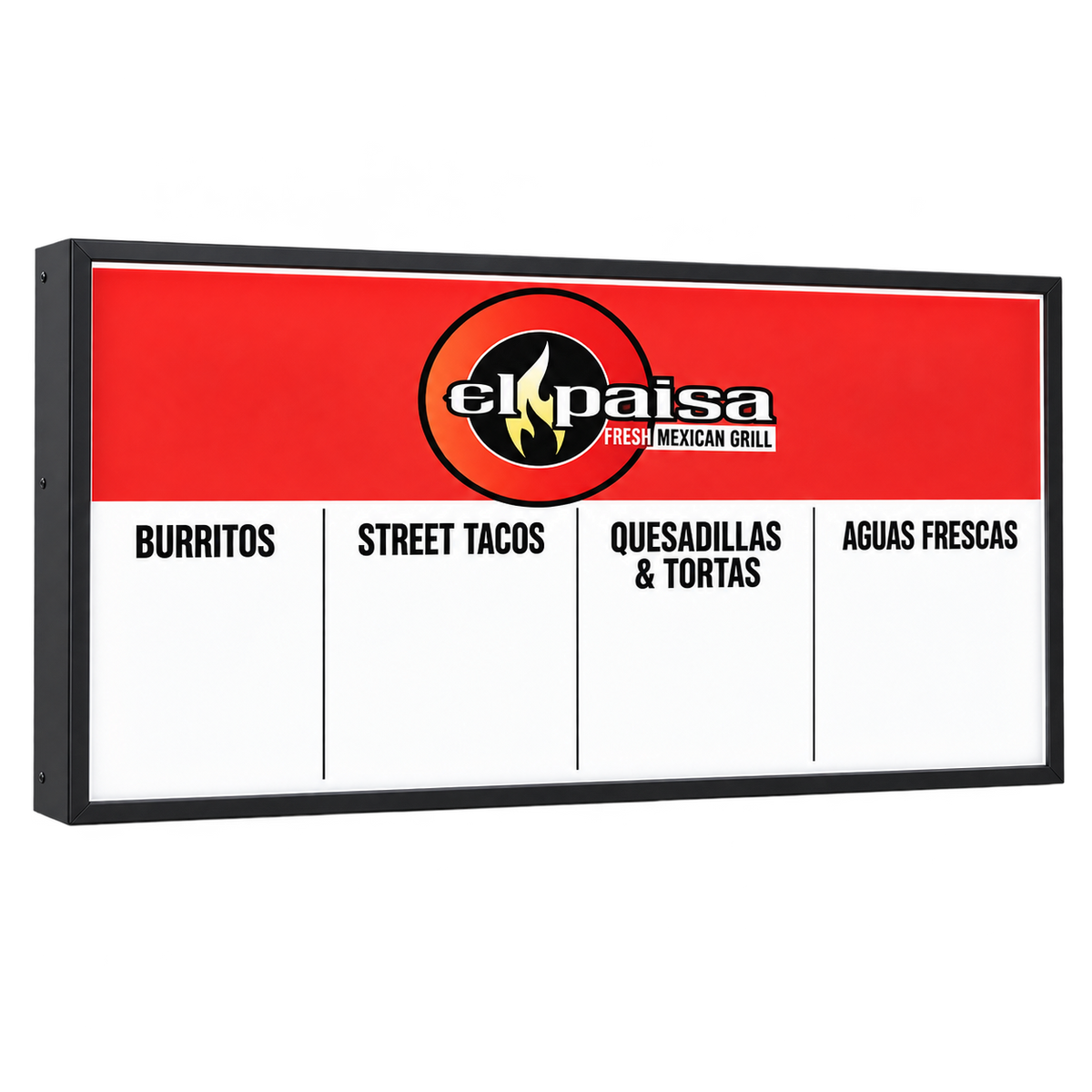 El Paisa Outdoor LED Menu Board | 48 × 96 in. AI-generated branding mockup; final proof approved before production.