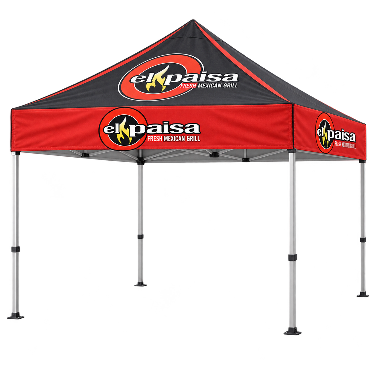 El Paisa Branded Canopy Tent | 10 × 10 ft. AI-generated branding mockup; final proof approved before production.