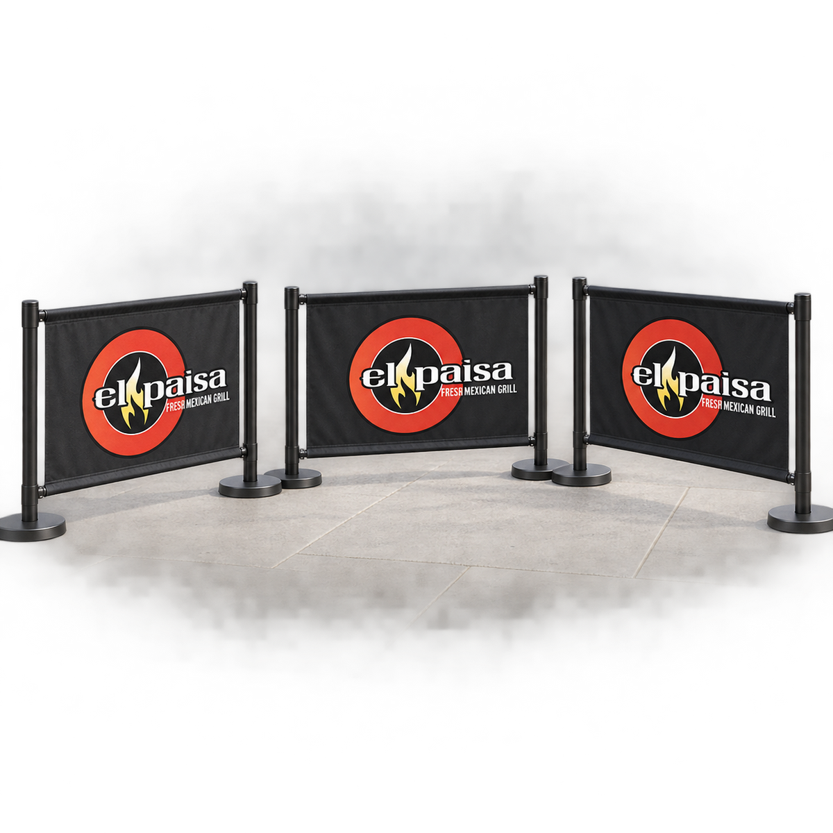 El Paisa Café Barrier Set | 3 Independent Branded Modules. AI-generated branding mockup; final proof approved before production.