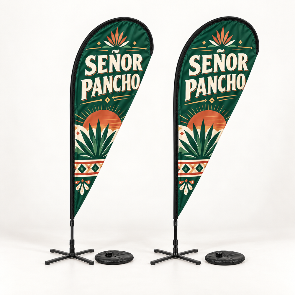 Señor Pancho Teardrop Flag Set | 2 Double-Sided Flags. AI-generated branded product mockup, square 1000 x 1000.