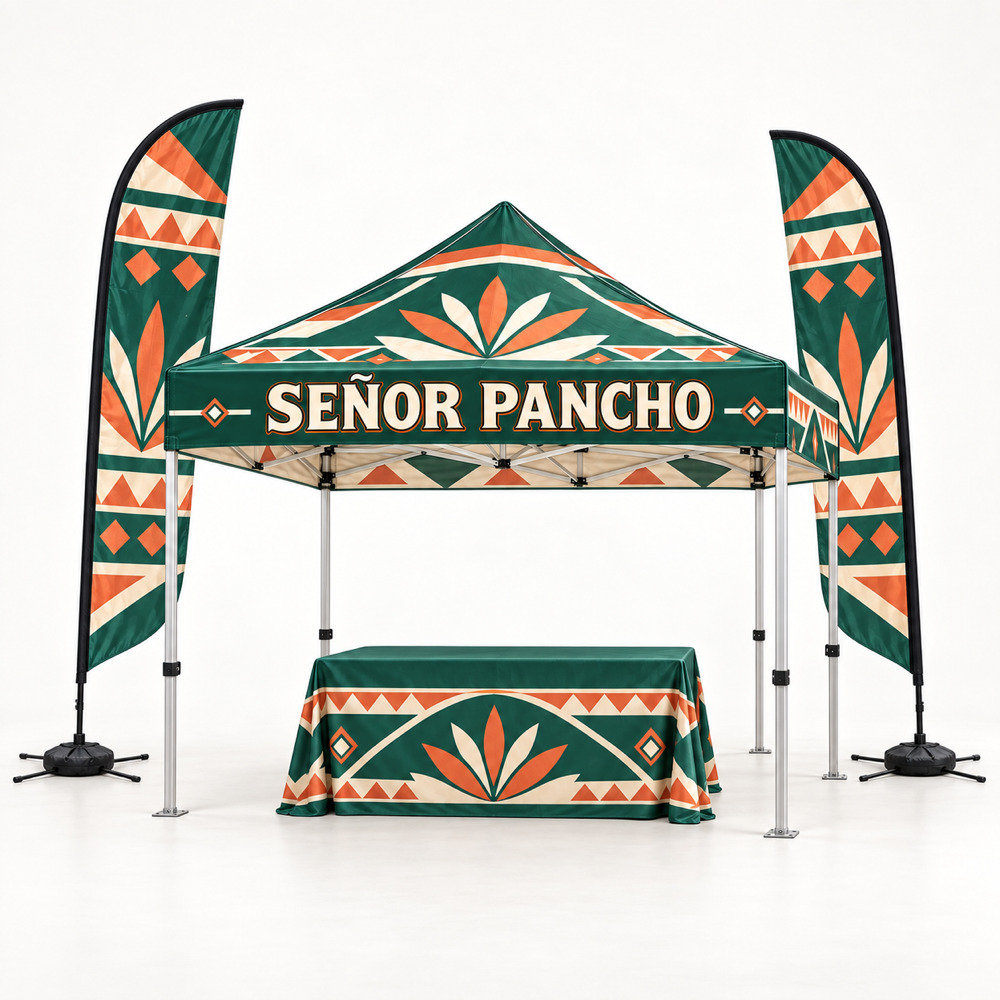 Señor Pancho Complete Event Booth Kit | Tent + Flags + Table Cover. AI-generated branded product mockup, square 1000 x 1000.