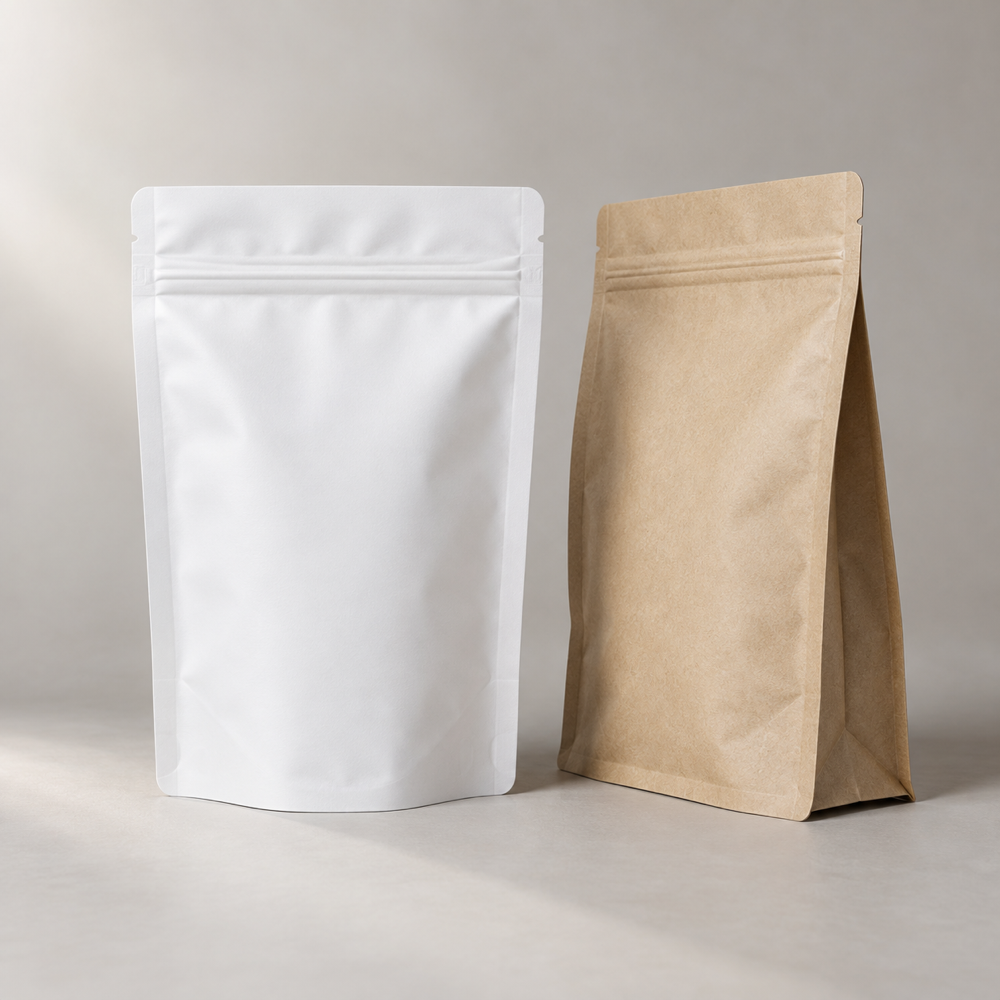 Illustrative AI concept of custom printed stand-up pouches, blank and unbranded