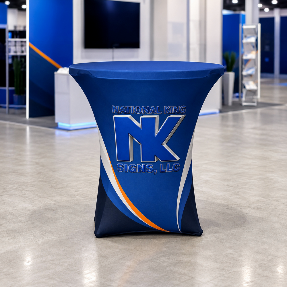 Custom Round Stretch Table Cover by National King Signs in San Diego