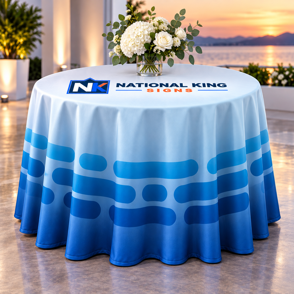 Premium Round Table Drape by National King Signs in San Diego
