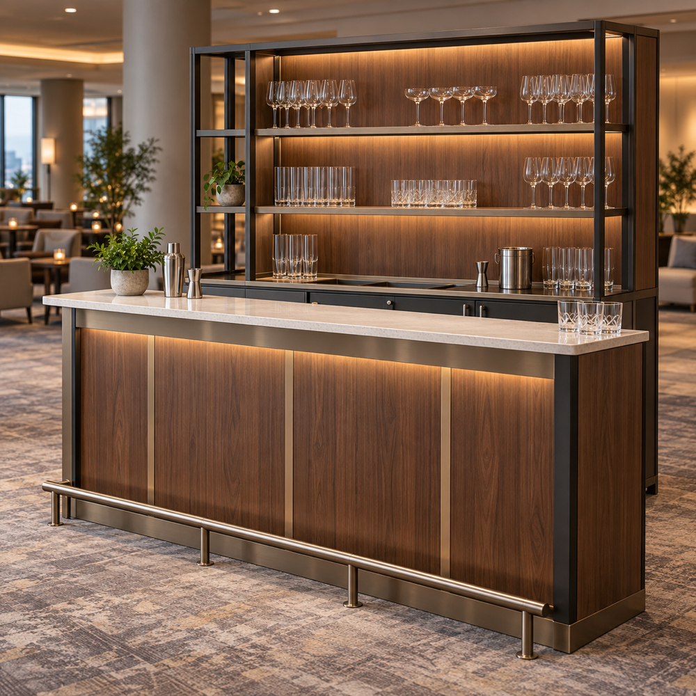 Illustrative AI concept, not manufacturer product photography. Original premium freestanding commercial back bar in an upscale hotel event lounge.