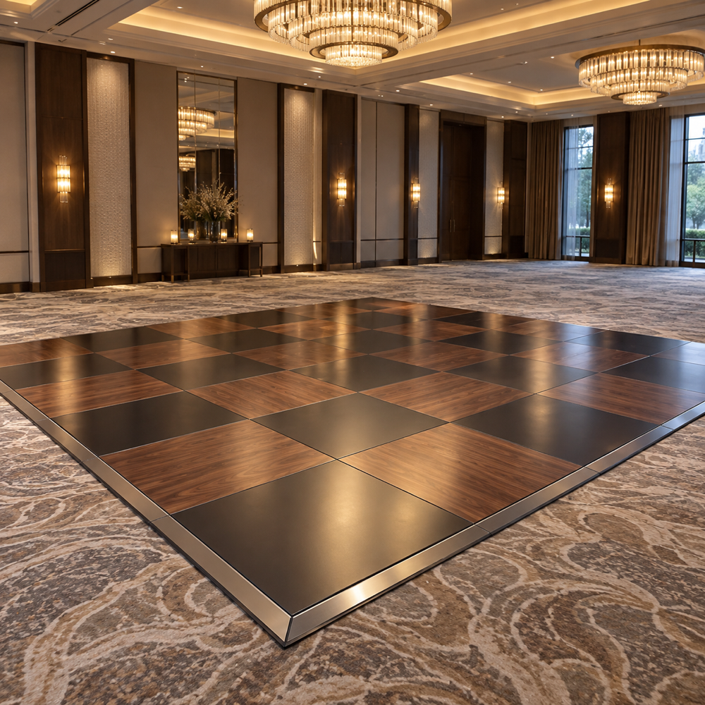 Illustrative AI concept, not manufacturer product photography. Generic modular dance floor with alternating wood and dark panels in an empty hotel ballroom.