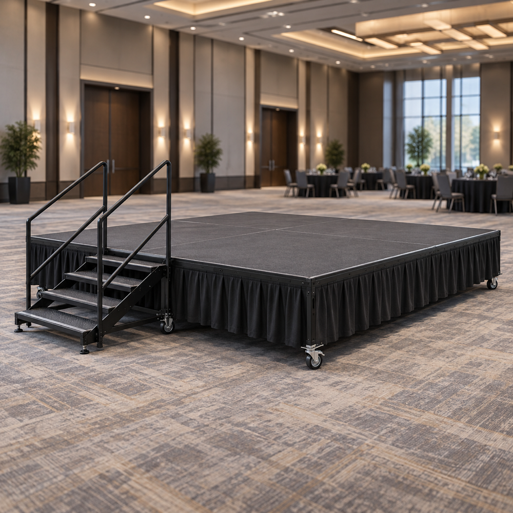 Illustrative AI concept, not manufacturer product photography. Generic portable rolling modular stage with steps and dark skirting in a convention hall.