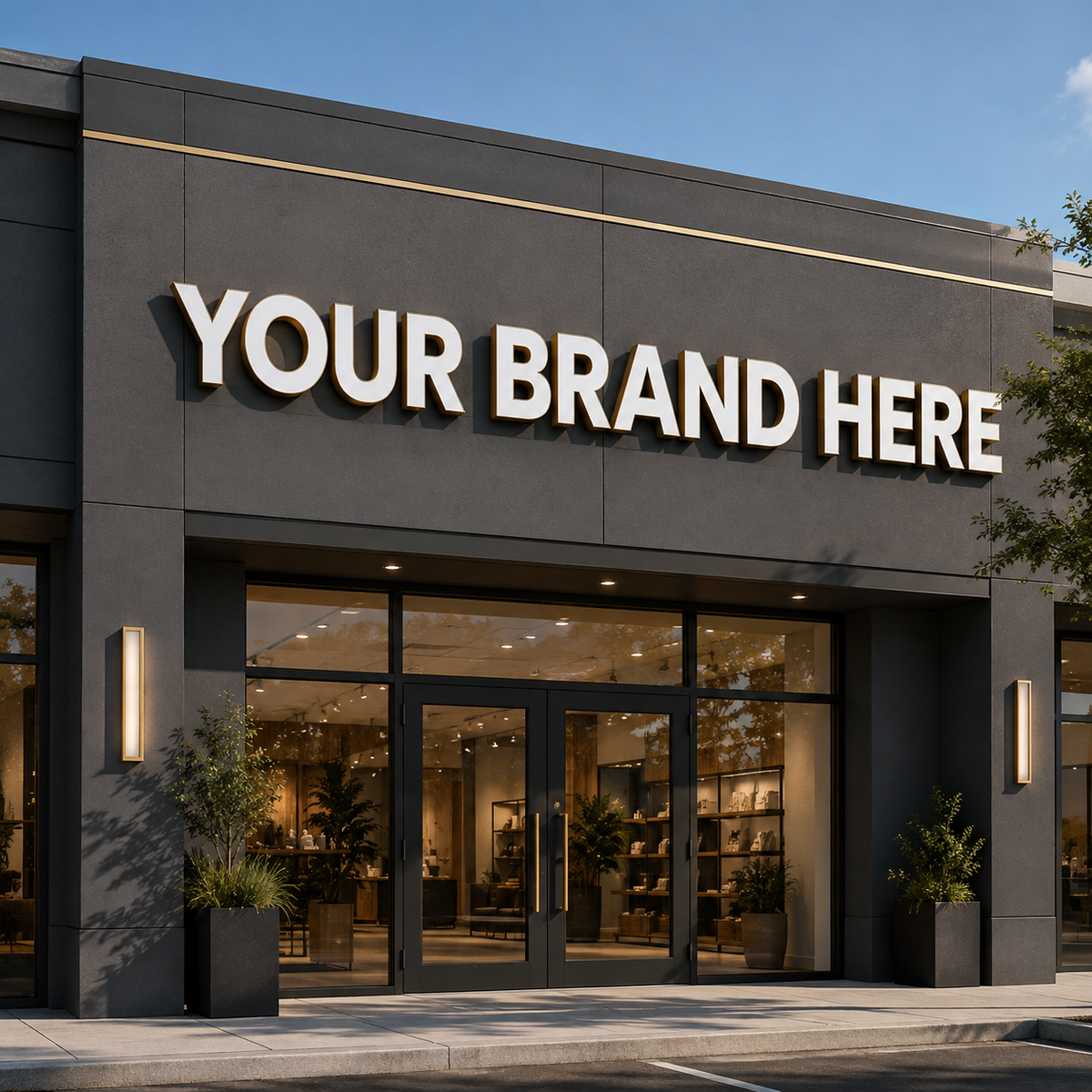 Conceptual rendering of custom storefront channel letters displaying YOUR BRAND HERE.