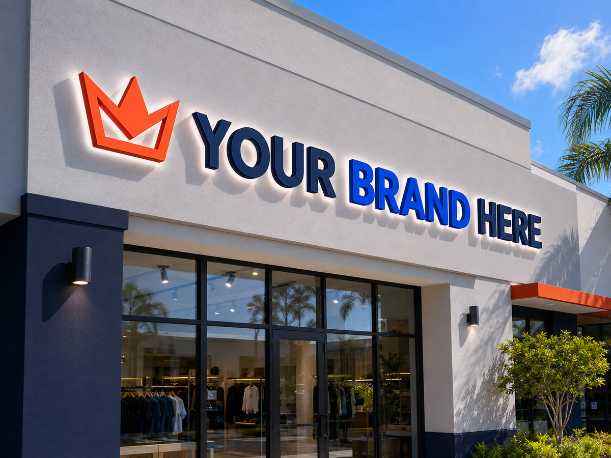 Conceptual NKS Signature rendering of custom storefront channel letters displaying YOUR BRAND HERE.