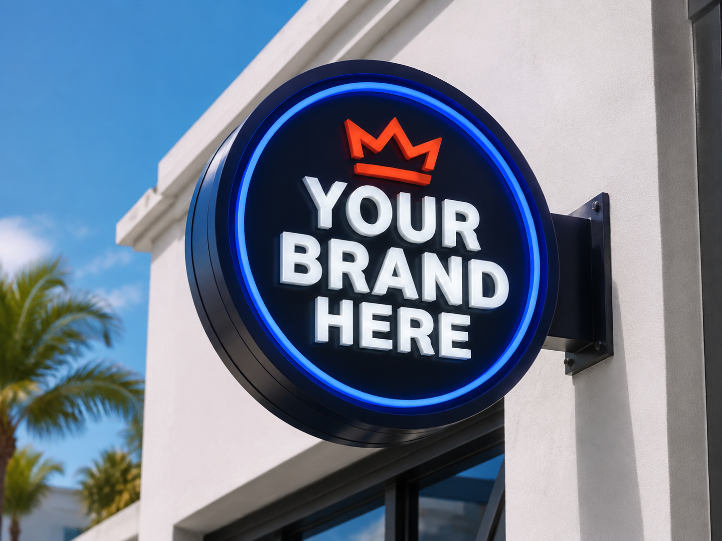 Conceptual NKS Signature rendering of round exterior logo cabinet sign displaying YOUR BRAND HERE.