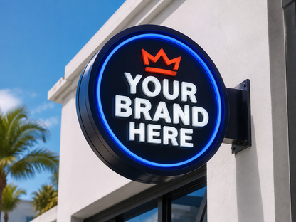 Conceptual NKS Signature rendering of round exterior logo cabinet sign displaying YOUR BRAND HERE.