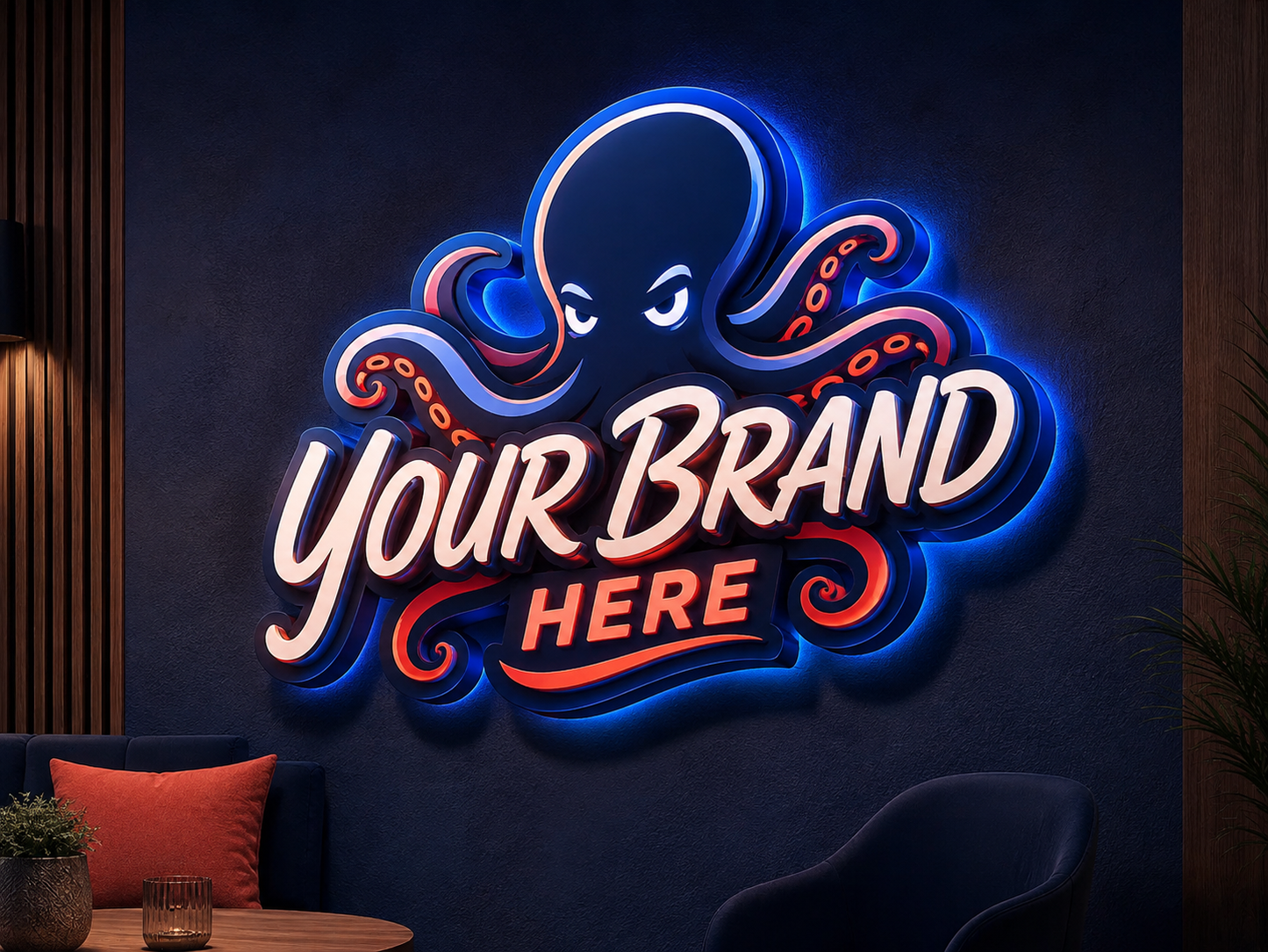Conceptual NKS Signature rendering of illuminated custom logo sign displaying YOUR BRAND HERE.