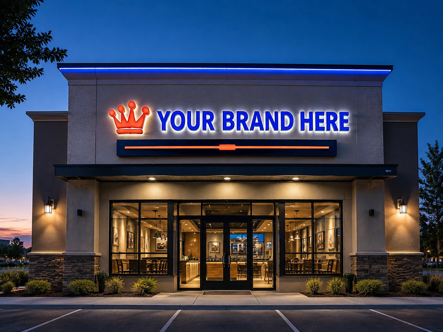 Conceptual NKS Signature rendering of custom illuminated storefront sign package displaying YOUR BRAND HERE.