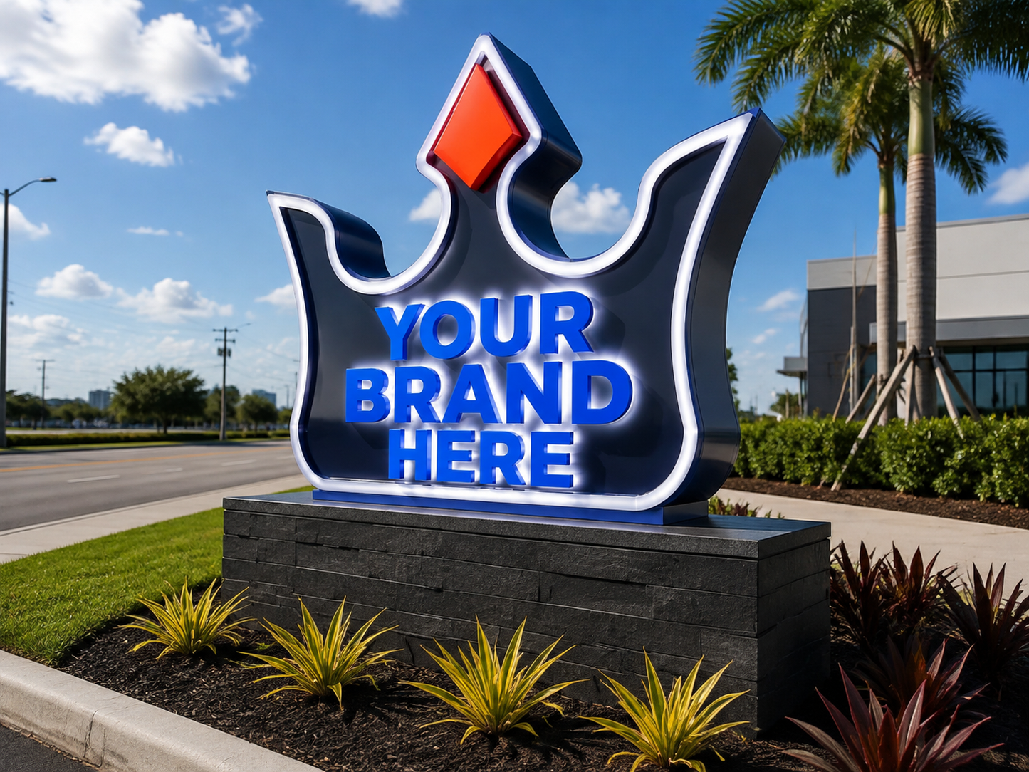 Conceptual NKS Signature rendering of custom-shaped monument sign displaying YOUR BRAND HERE.
