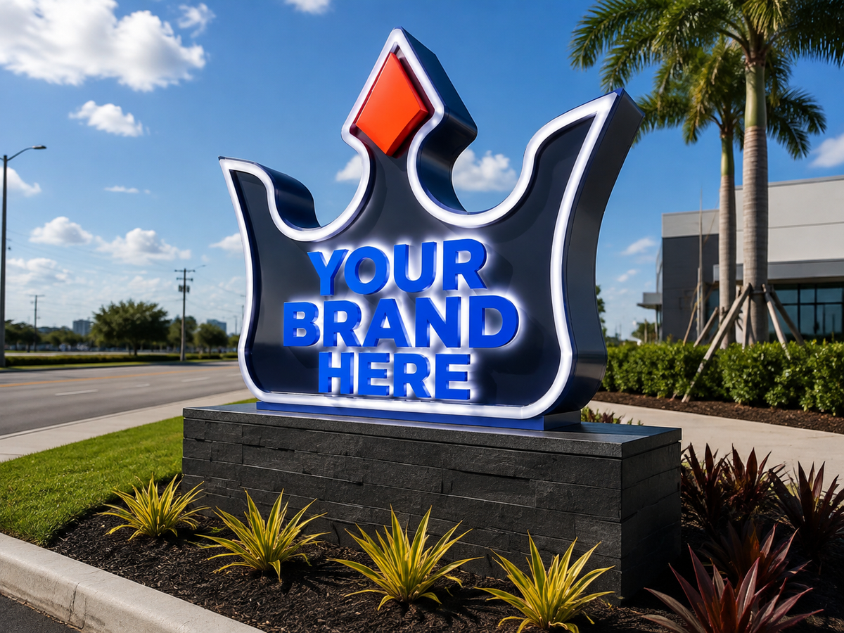 Conceptual NKS Signature rendering of custom-shaped monument sign displaying YOUR BRAND HERE.