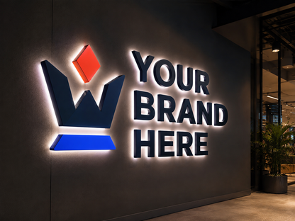 Conceptual NKS Signature rendering of halo-lit channel letters and logo displaying YOUR BRAND HERE.