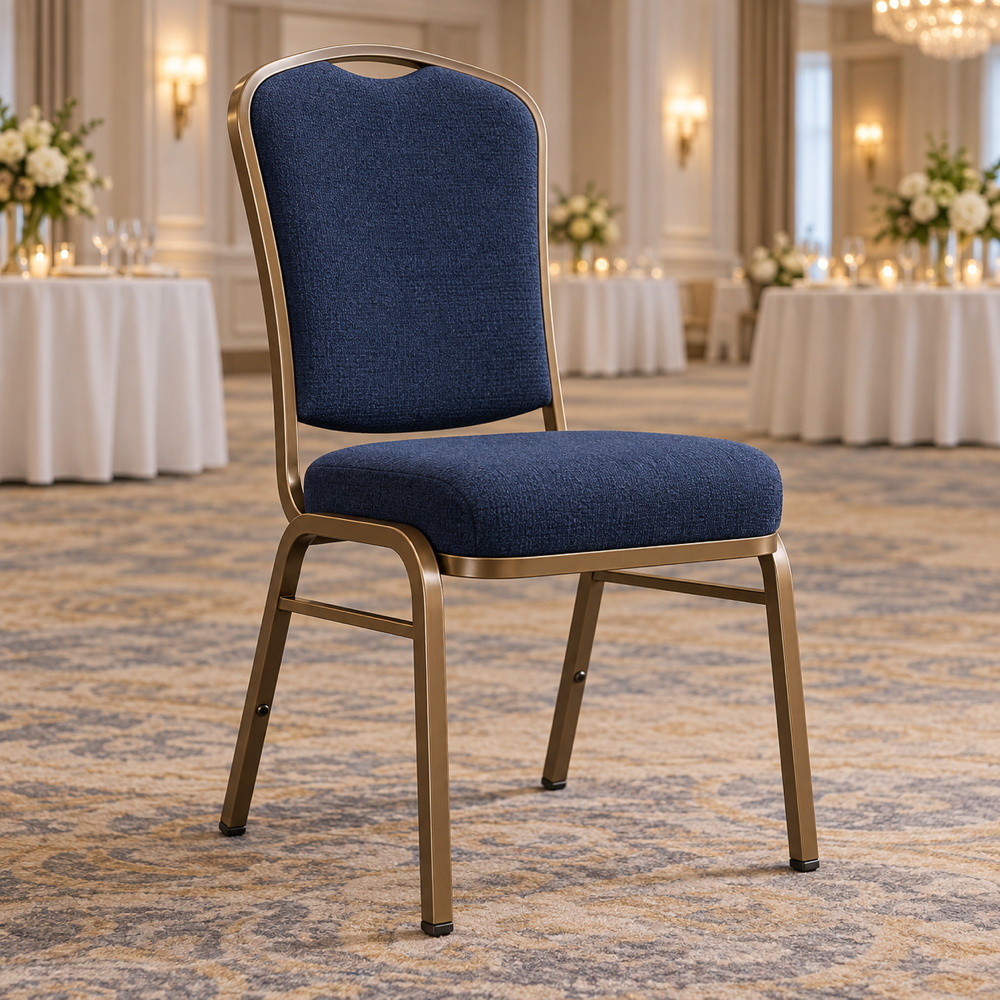 Illustrative AI concept, not manufacturer product photography. Generic premium stackable banquet chair with navy upholstery and bronze frame.