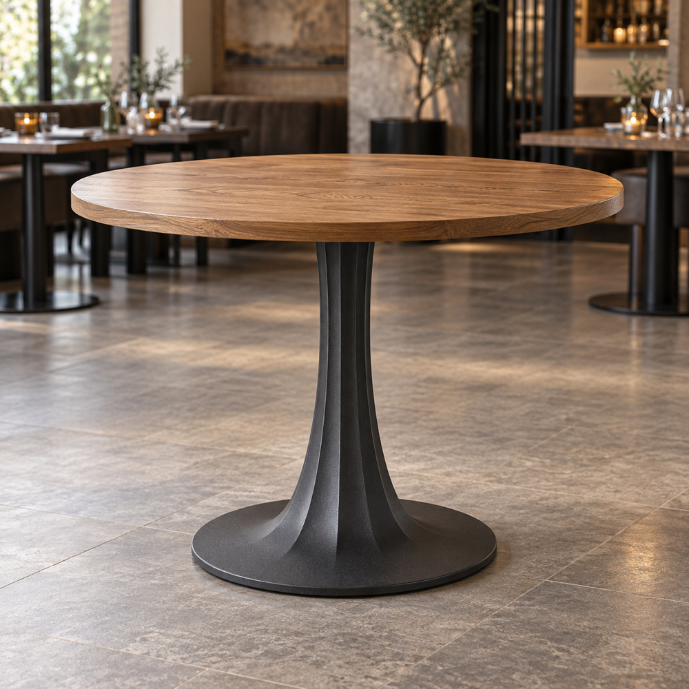Illustrative AI concept, not manufacturer product photography. Generic compact restaurant table with round oak top and sculptural graphite pedestal.