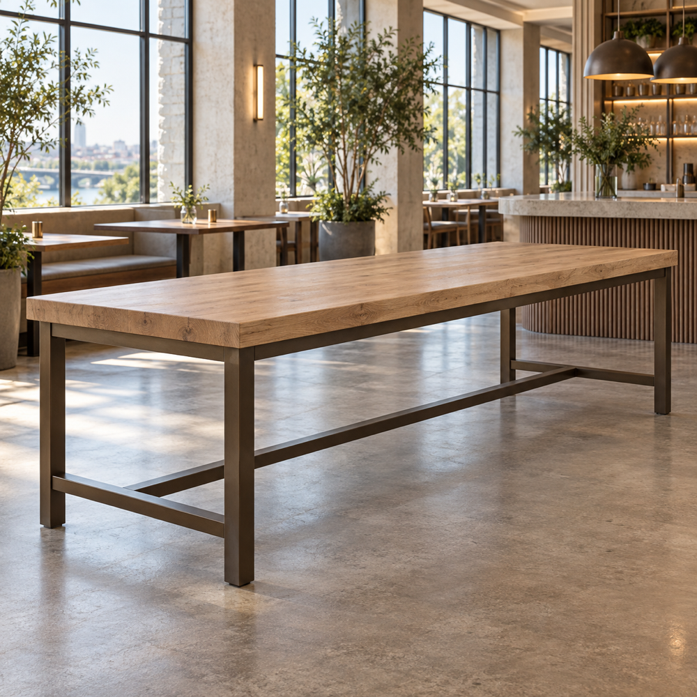 Illustrative AI concept, not manufacturer product photography. Generic long indoor communal table with white-oak top and bronze steel frame.