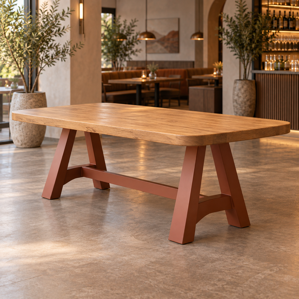 Illustrative AI concept, not manufacturer product photography. Generic communal restaurant table with rounded oak top and terracotta trestle legs.