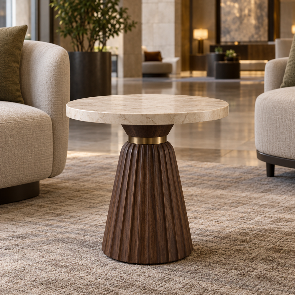 Illustrative AI concept, not manufacturer product photography. Generic premium occasional table with stone top and fluted walnut pedestal in a hotel lobby.