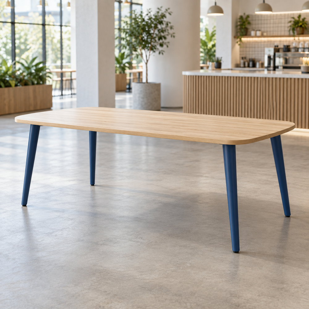 Concepto ilustrativo generado por IA, no es fotografía del producto del fabricante. Mesa comunal minimalista genérica con tapa de roble claro y patas azules cónicas.