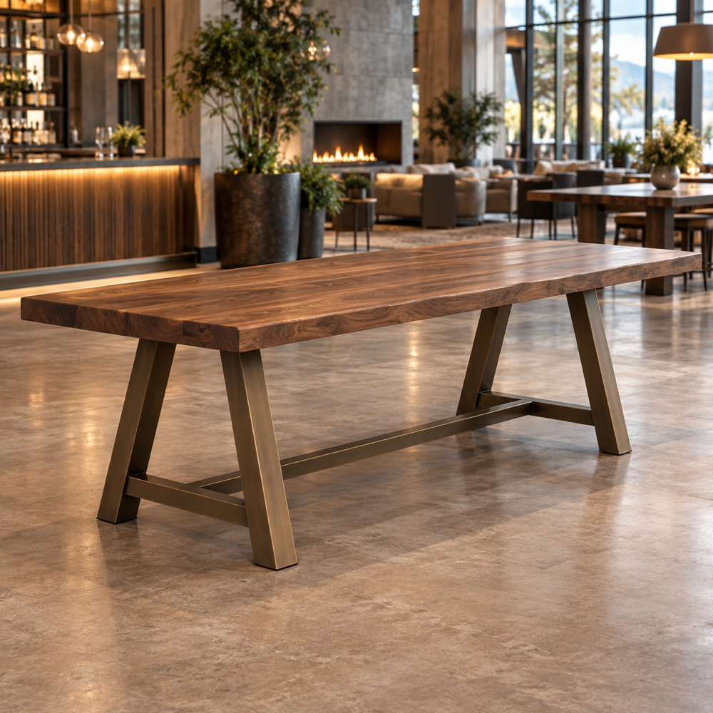 Concepto ilustrativo generado por IA, no es fotografía del producto del fabricante. Mesa comunal larga genérica con tapa de nogal y base en A de bronce.