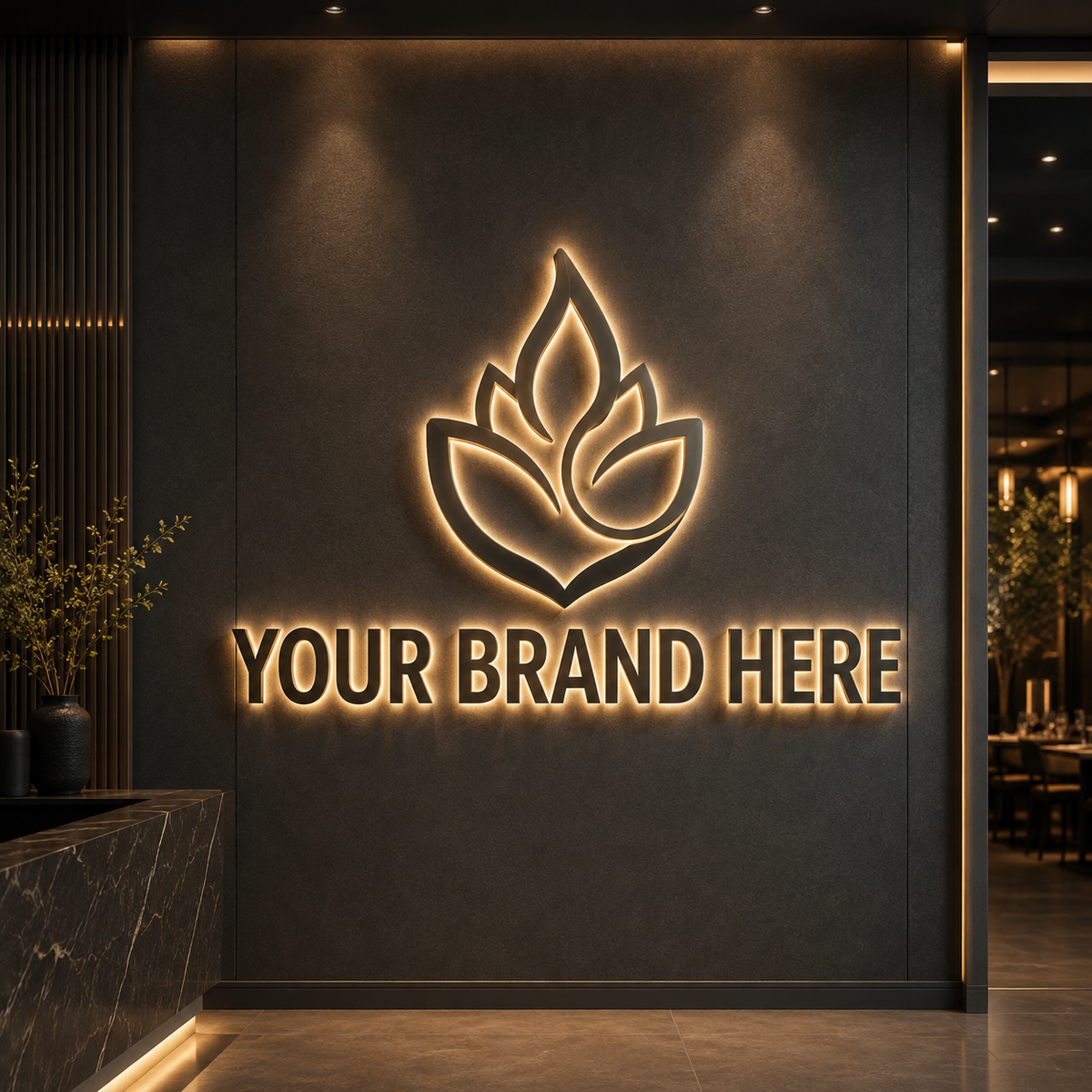 Conceptual rendering of an illuminated custom logo sign displaying YOUR BRAND HERE.