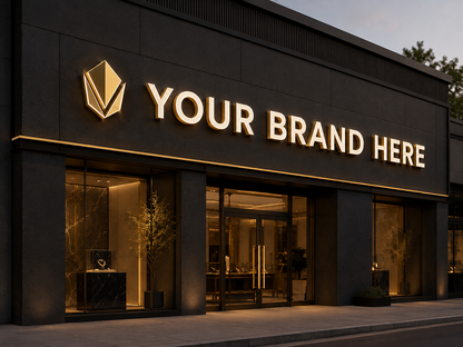 Conceptual Luxe Black Gold rendering of custom storefront channel letters displaying YOUR BRAND HERE.