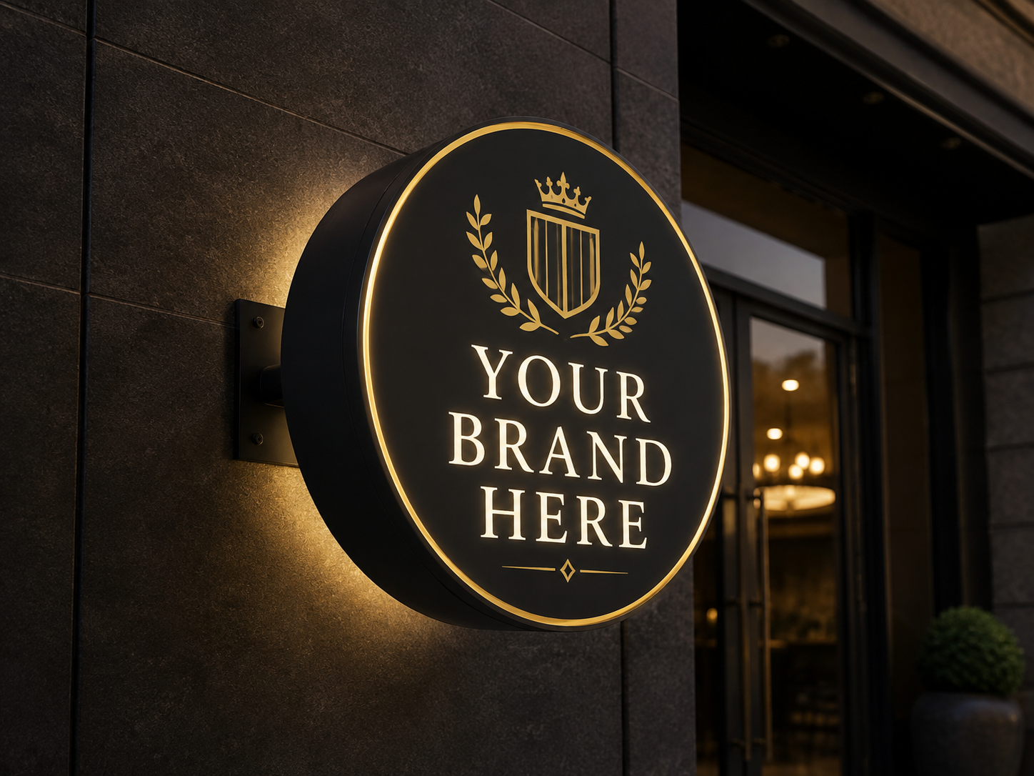 Conceptual Luxe Black Gold rendering of round exterior logo cabinet sign displaying YOUR BRAND HERE.
