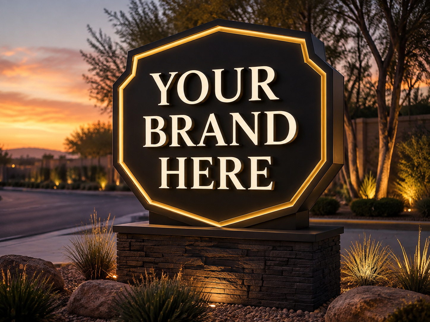 Conceptual Luxe Black Gold rendering of custom-shaped monument sign displaying YOUR BRAND HERE.