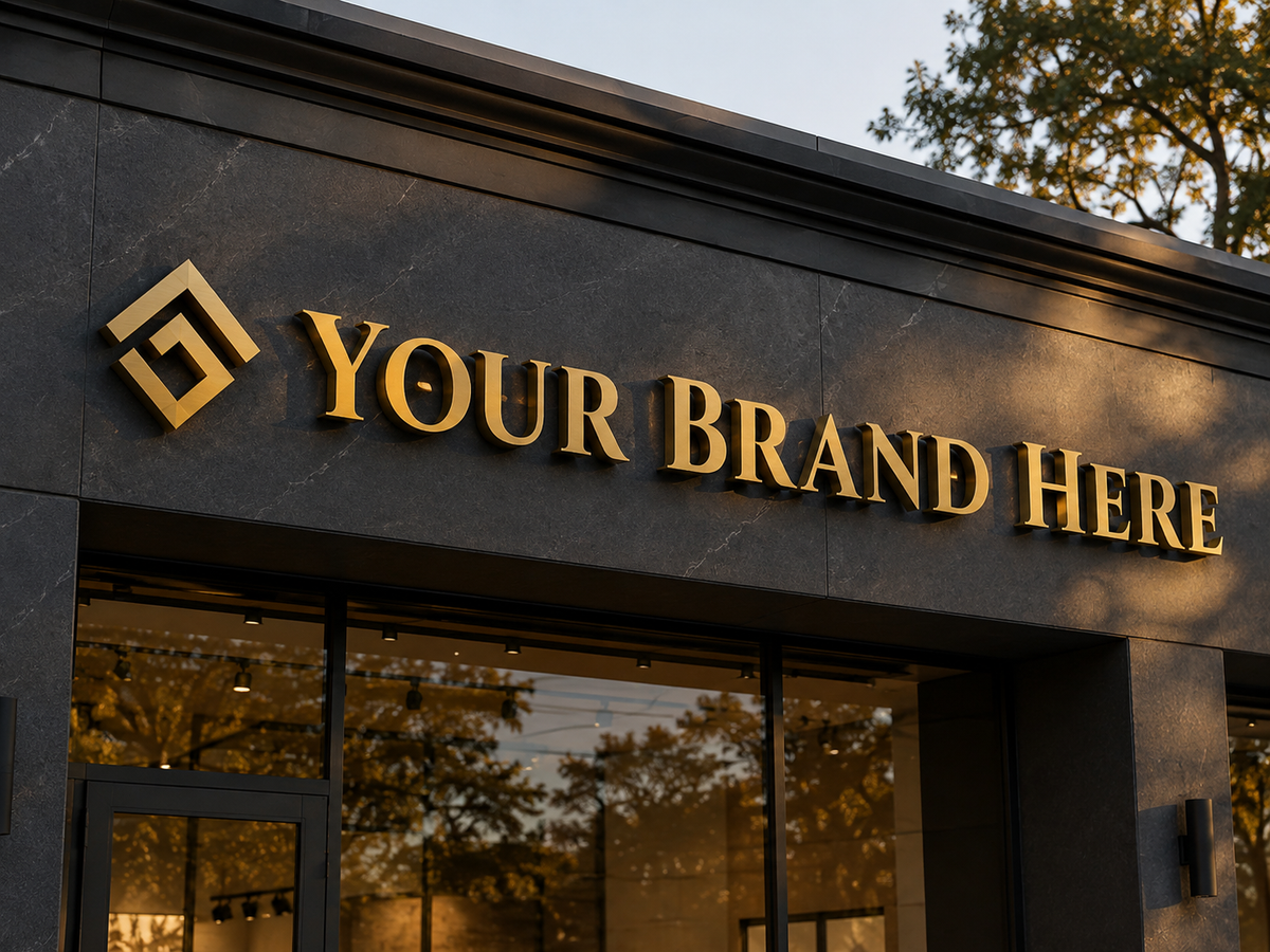 Conceptual Luxe Black Gold rendering of dimensional storefront letters and installation displaying YOUR BRAND HERE.