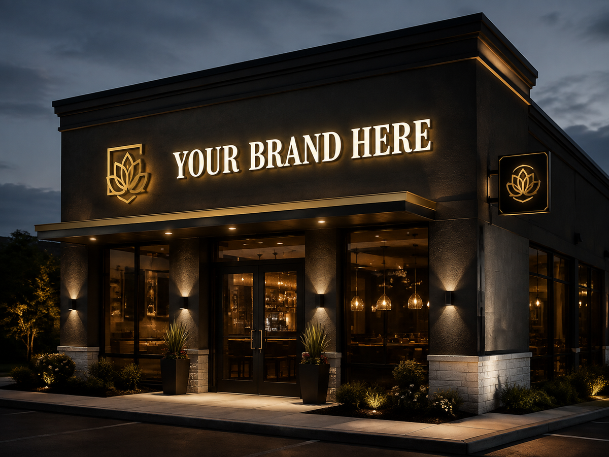Conceptual Luxe Black Gold rendering of custom illuminated storefront sign package displaying YOUR BRAND HERE.