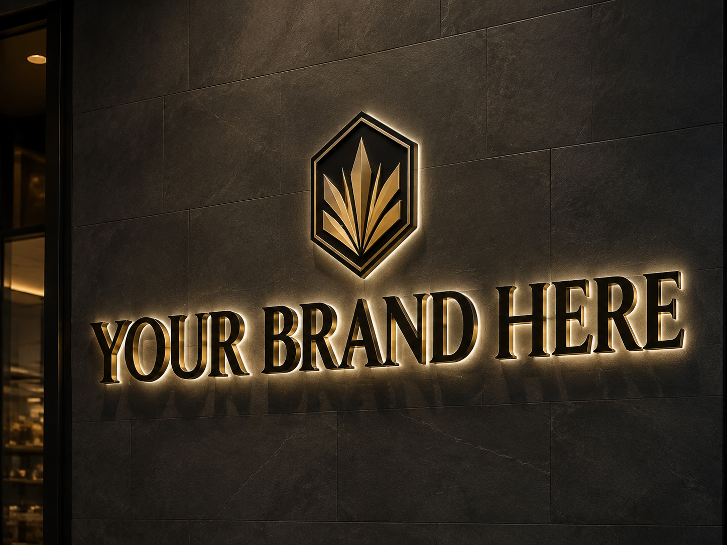 Conceptual Luxe Black Gold rendering of halo-lit channel letters and logo displaying YOUR BRAND HERE.