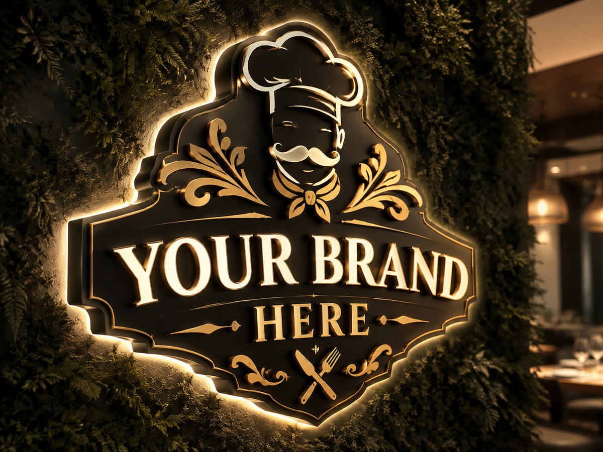 Conceptual Luxe Black Gold rendering of illuminated custom logo sign displaying YOUR BRAND HERE.