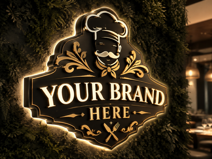 Conceptual Luxe Black Gold rendering of illuminated custom logo sign displaying YOUR BRAND HERE.